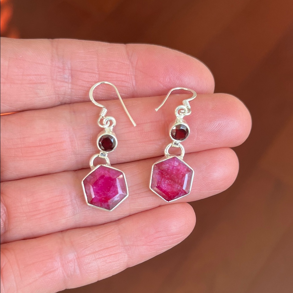Sterling Silver and Royal Ruby Hexagon Earrings